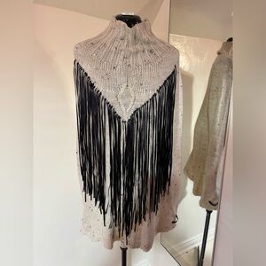 Cream Knit Fringe Cape Poncho - Paris Design